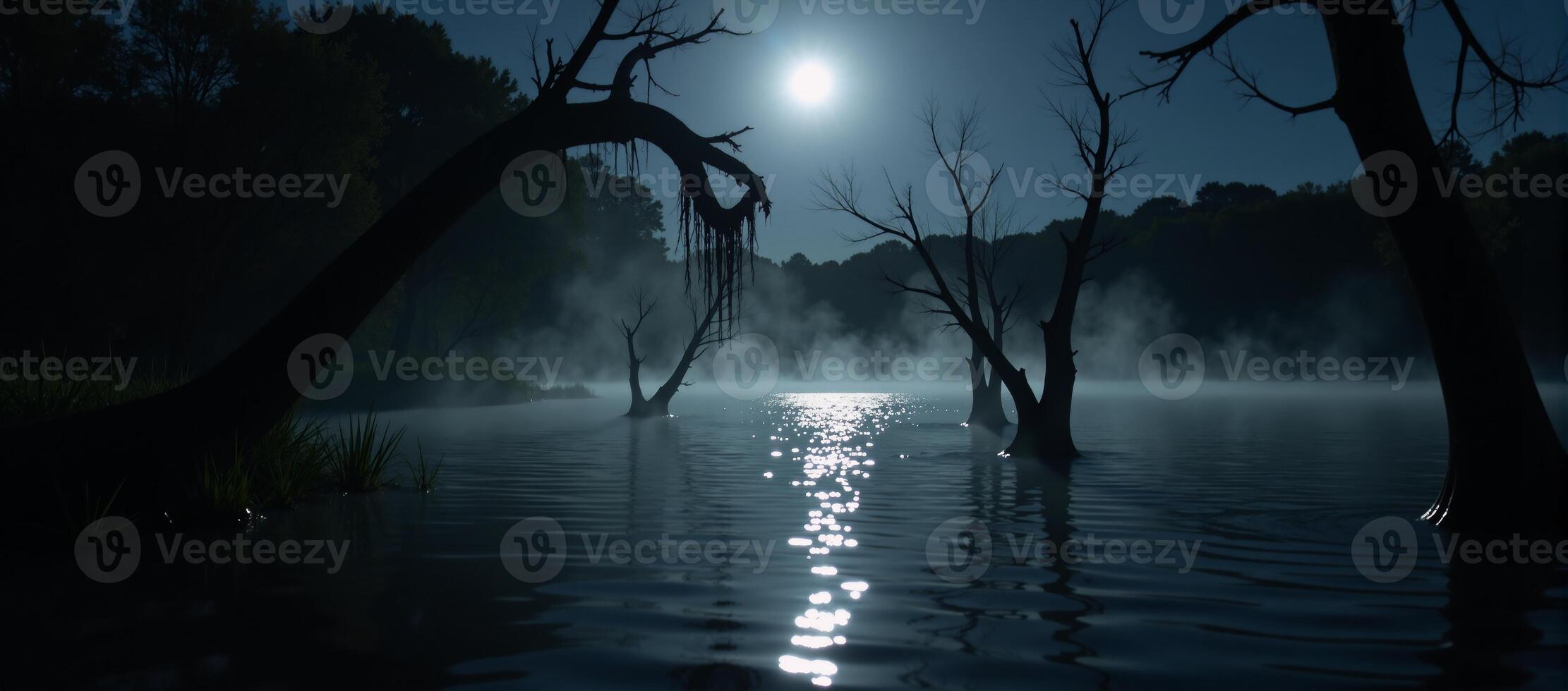 Spectral moonlit swamp with wispdancing fog dark waters twisted trees casting eerie shadows under the full moons glow photo
