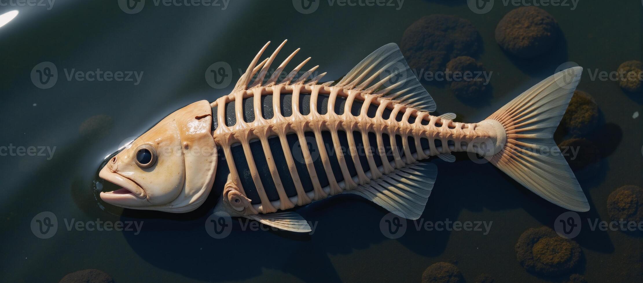 An oilcovered fish skeleton floating within polluted waters photo