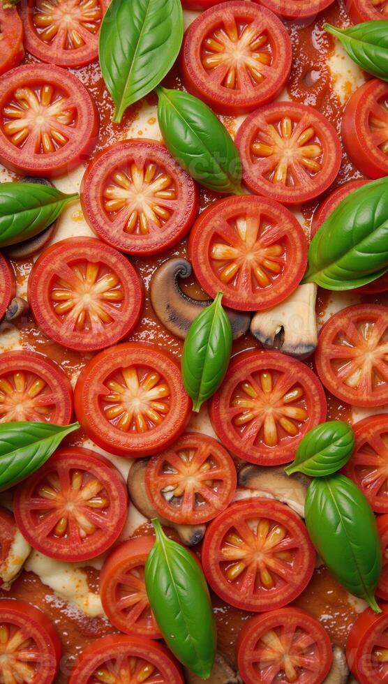 A seamless design showcasing overlapping pizza toppings tomato slices mushrooms basil photo