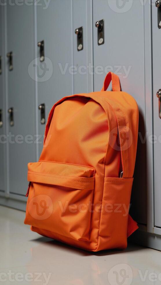 Bright Orange Backpack standing upright next to School Locker Textable photo