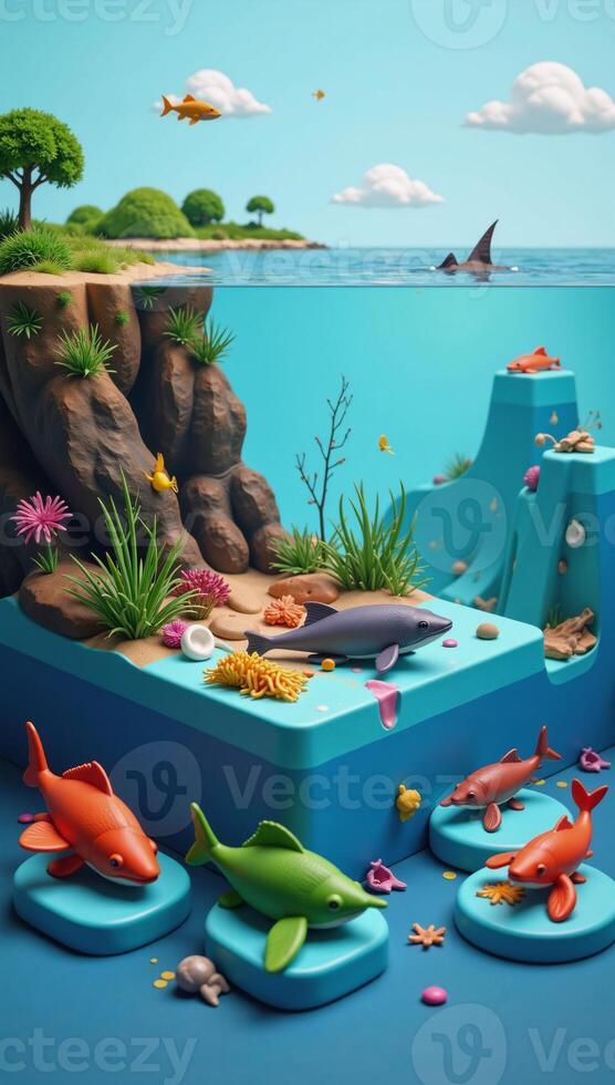 Infographic showcasing marine life damage due to plastic pollution in 3D style photo