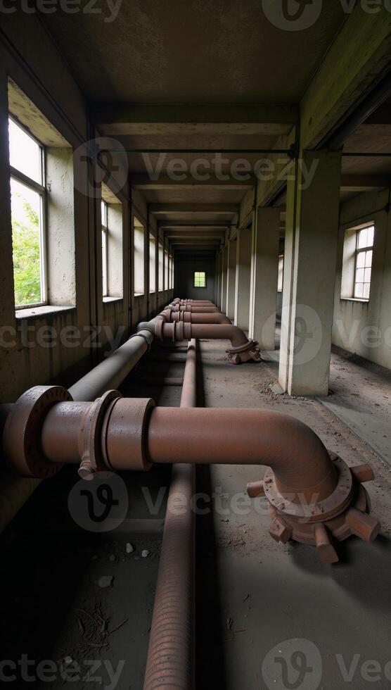 Abandoned industrial scene featuring old rusty pipes symbolizing environmental pollution photo