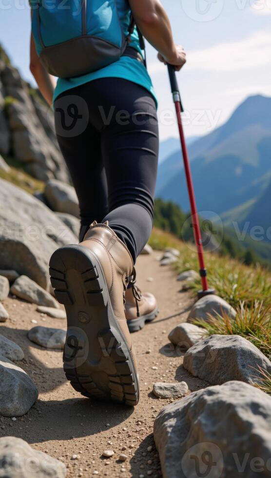 A hiking woman is captured climbing a challenging mountain trail with trekking poles the image emphasizes intricate details of her boots photo