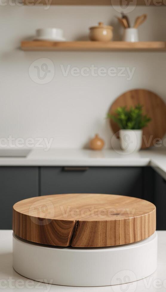 Kitchen scene featuring a woodgrained circular cutting board on a table surrounded by a slightly obscured kitchen setting with an additional circular stand showcasing various items photo
