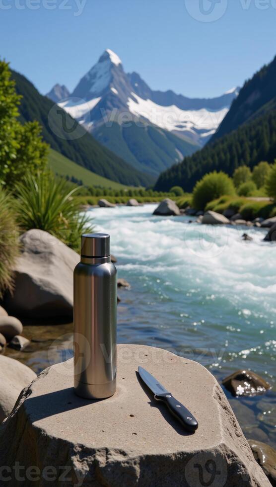 A mountainous landscape features a summertime hike with a knapsack and knife at rest near a river suggesting a hikers camp photo