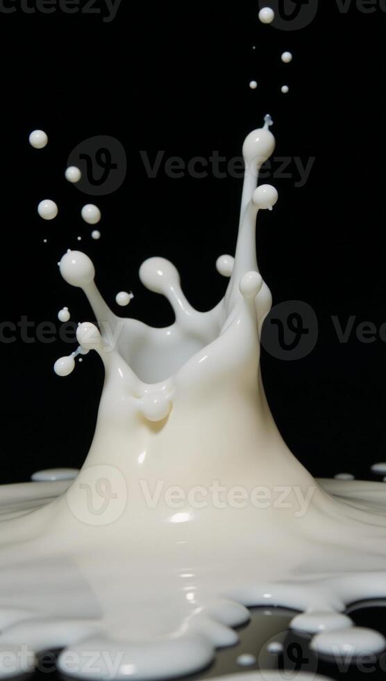 Highspeed image of dynamic milk splash against black backdrop representing dairy concept through dynamic motion and texture photo