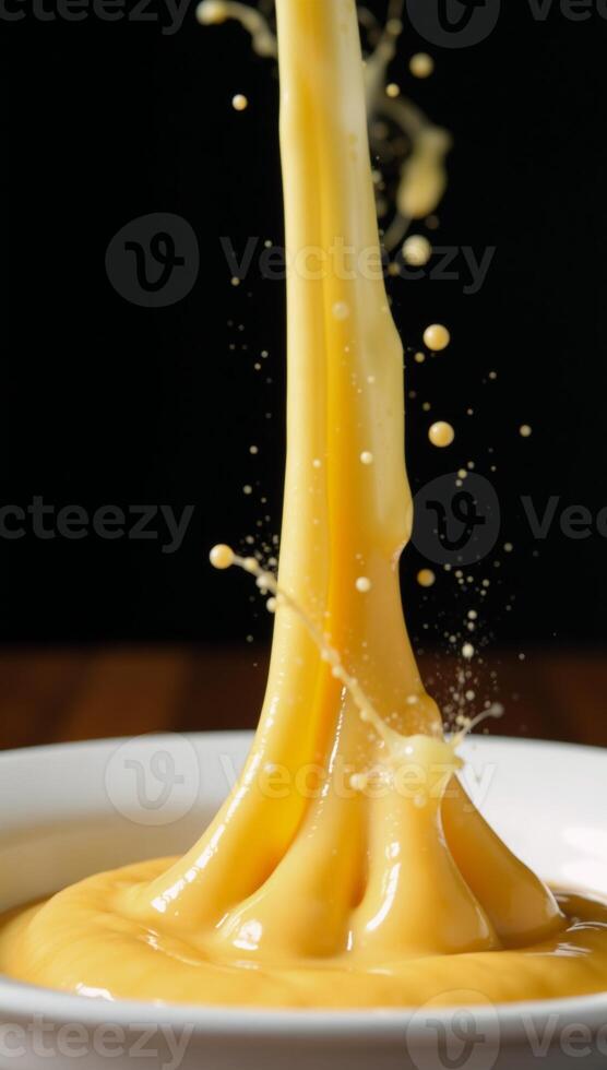 Cheesy scene showcasing midair cheddar sauce splash photo
