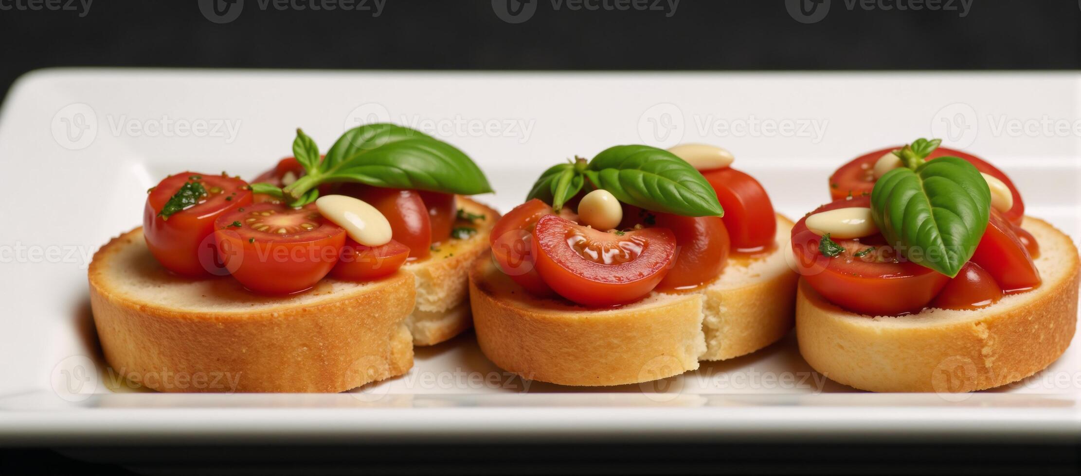 Fresh Bruschetta with Diced Tomatoes Basil Garlic Olive Oil on Toasted Baguette Slices photo