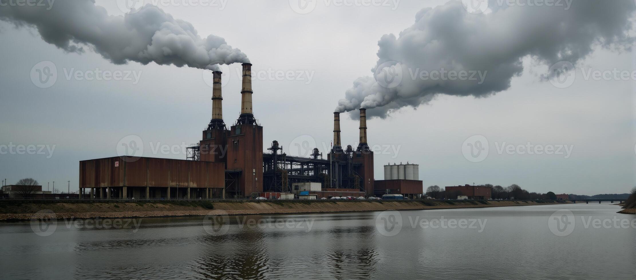 A polluted river surrounded by towering smokestacks from an industrial factory photo
