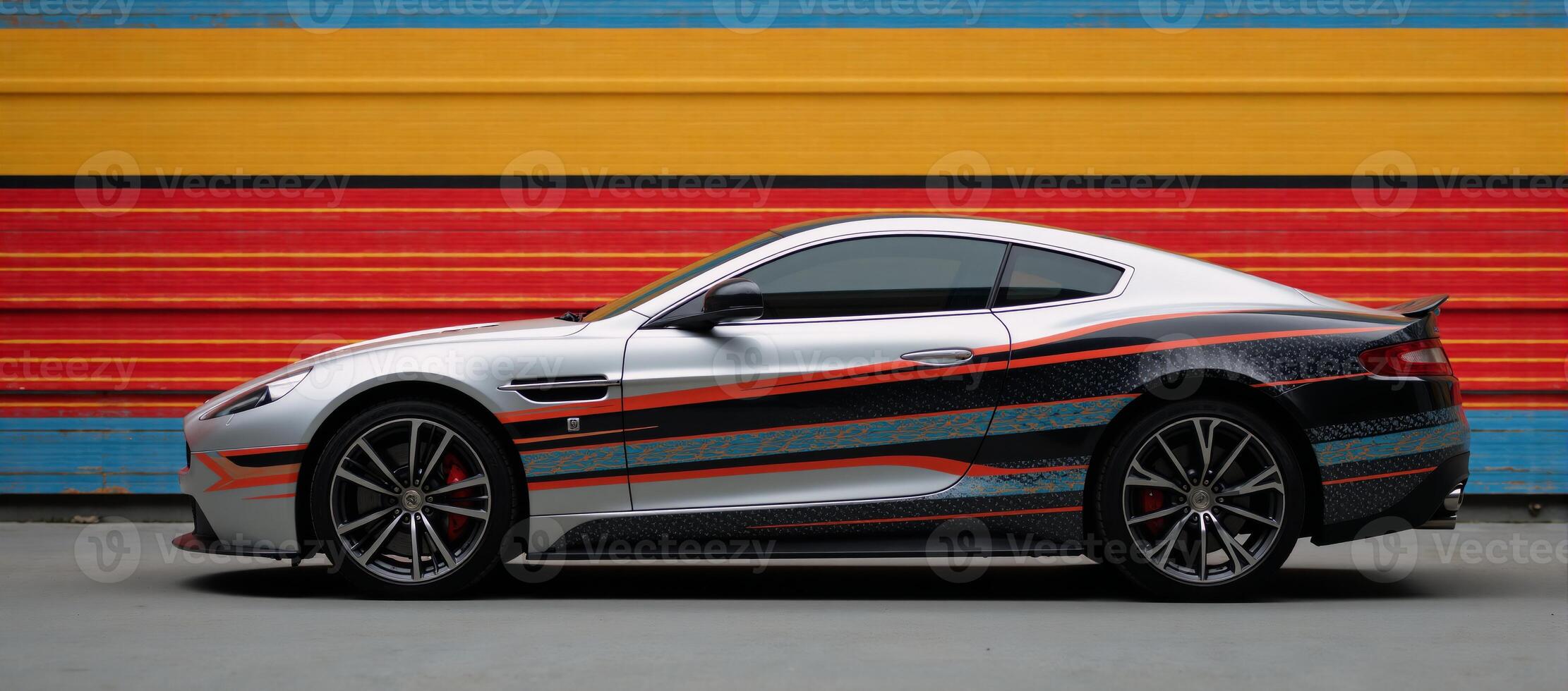 Stylized car wrap design featuring abstract stripes against a graphic racing backdrop Illustration photo