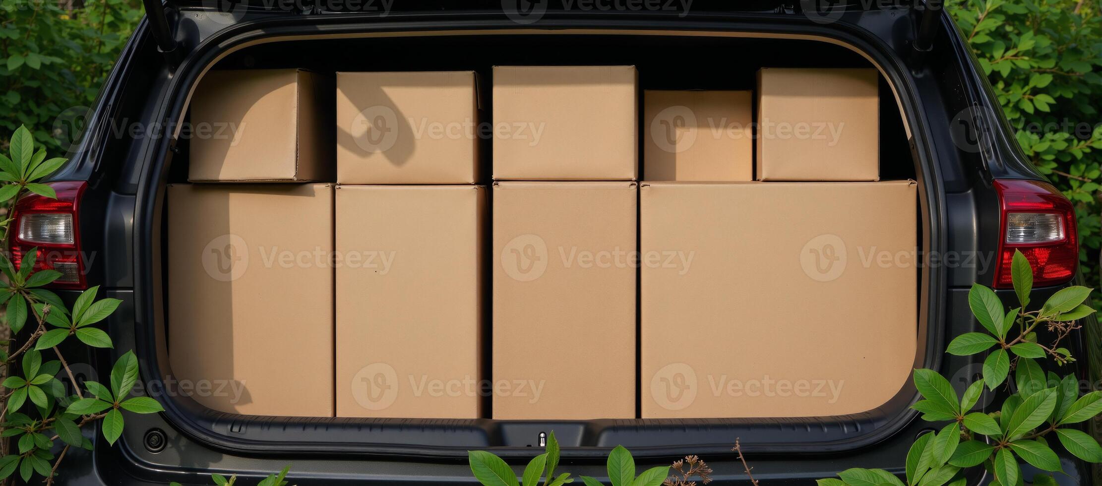 Packed car trunk filled with cardboard boxes amidst nature photo