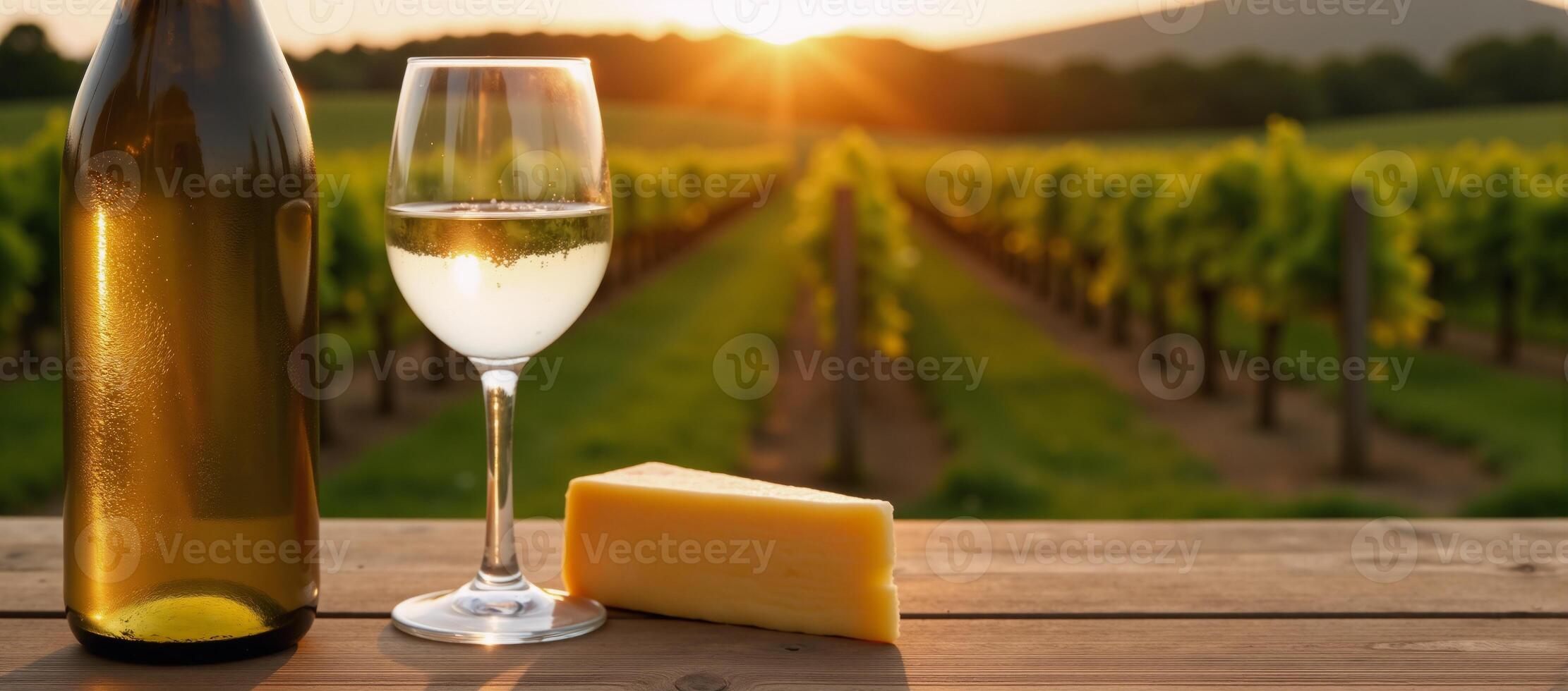 Outdoor scene Sunlit vineyard backdrop with glass white wine cheese and wood table for an al fresco setting at twilight Copy Space photo