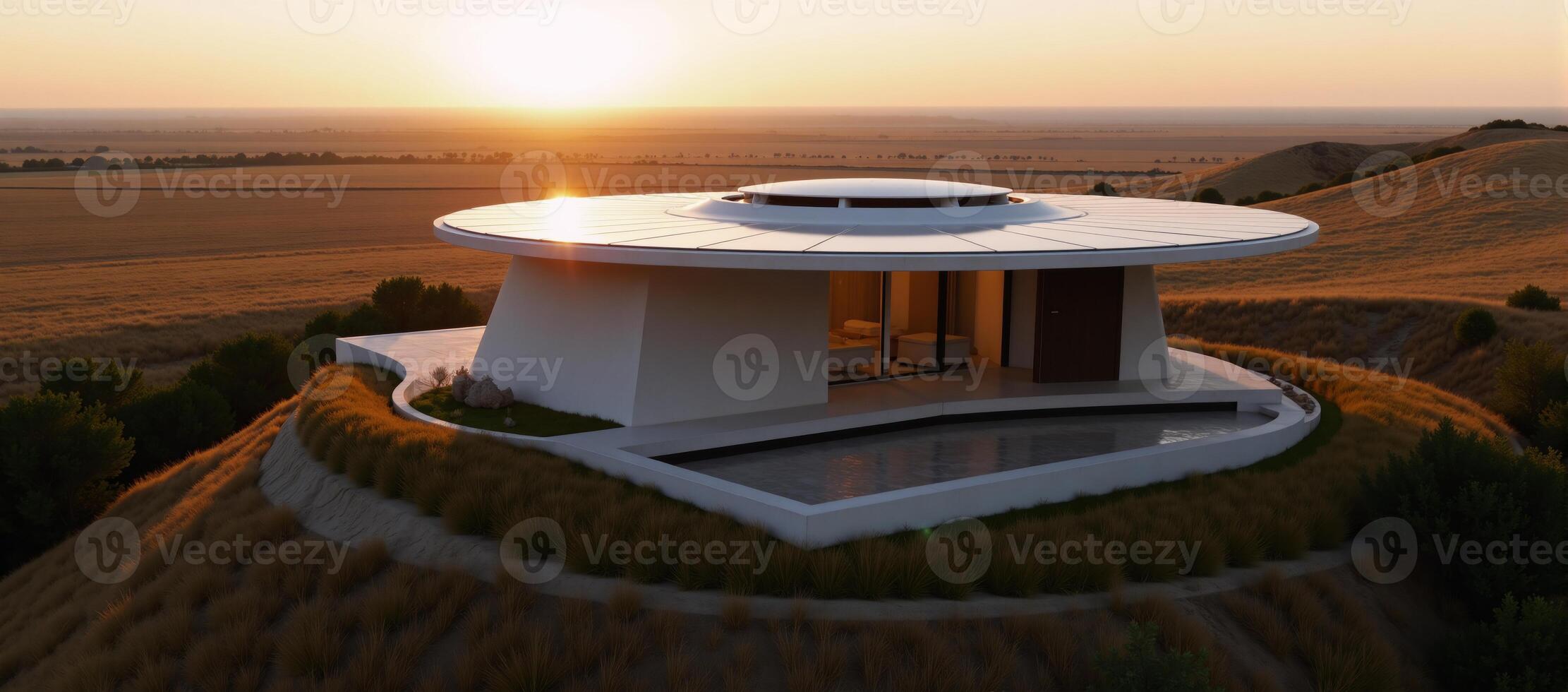 A sleek minimalist and luxurious ecohome sits on a hill at dusk under the warm glow of golden hour adorned with modern architecture sustainable design elements like photovoltaic solar panels and photo