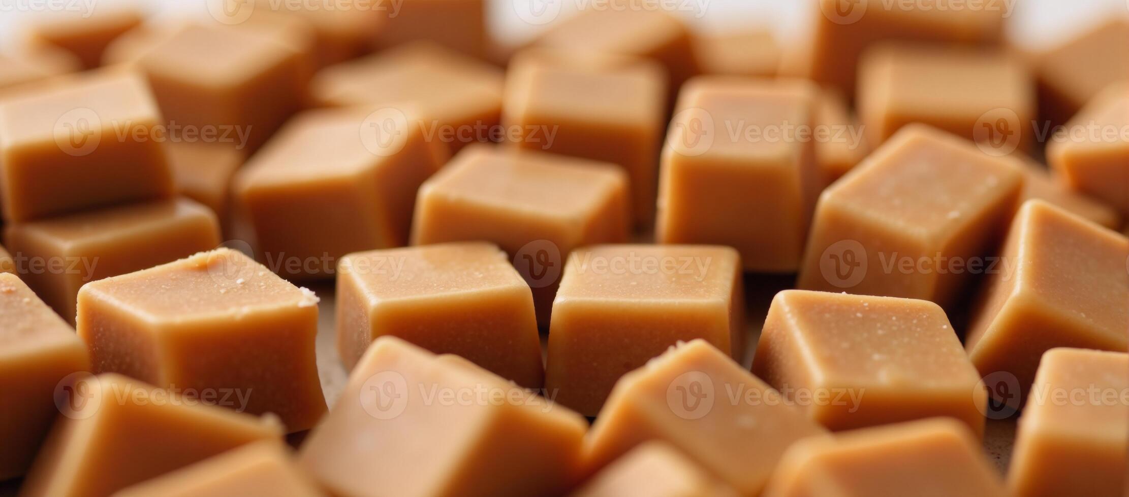 Closeup topdown view of irregularly shaped diced caramel chocolate pieces filling the frame photo