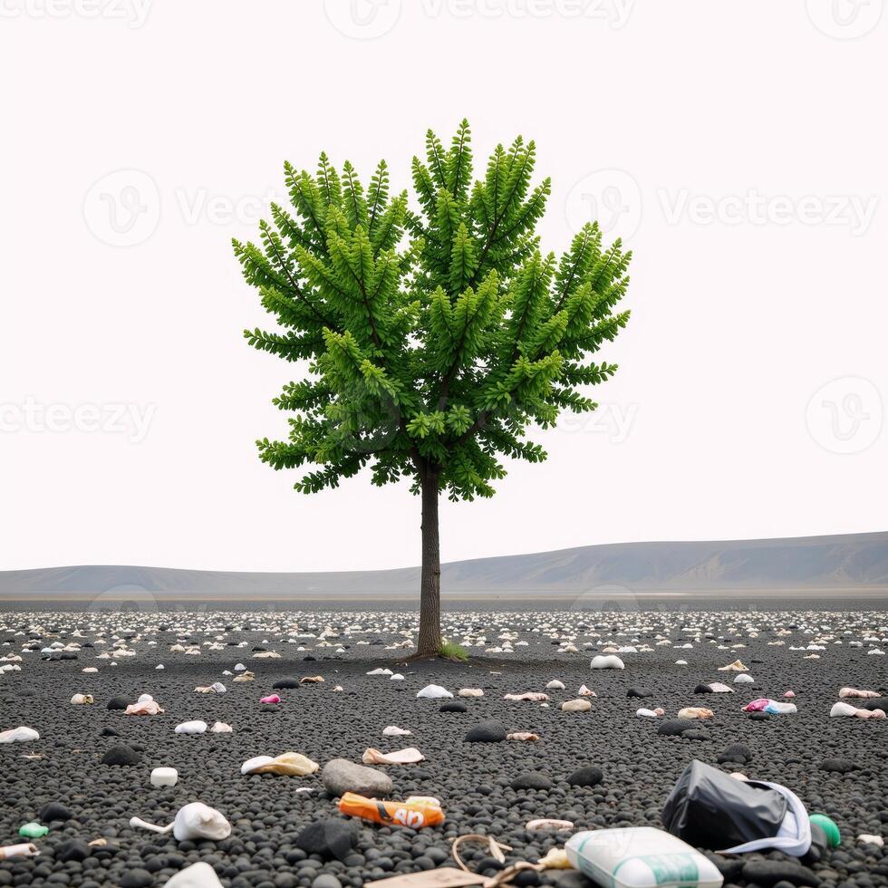 World Plastic Bag Free Day Trashfree environment with lone green tree photo