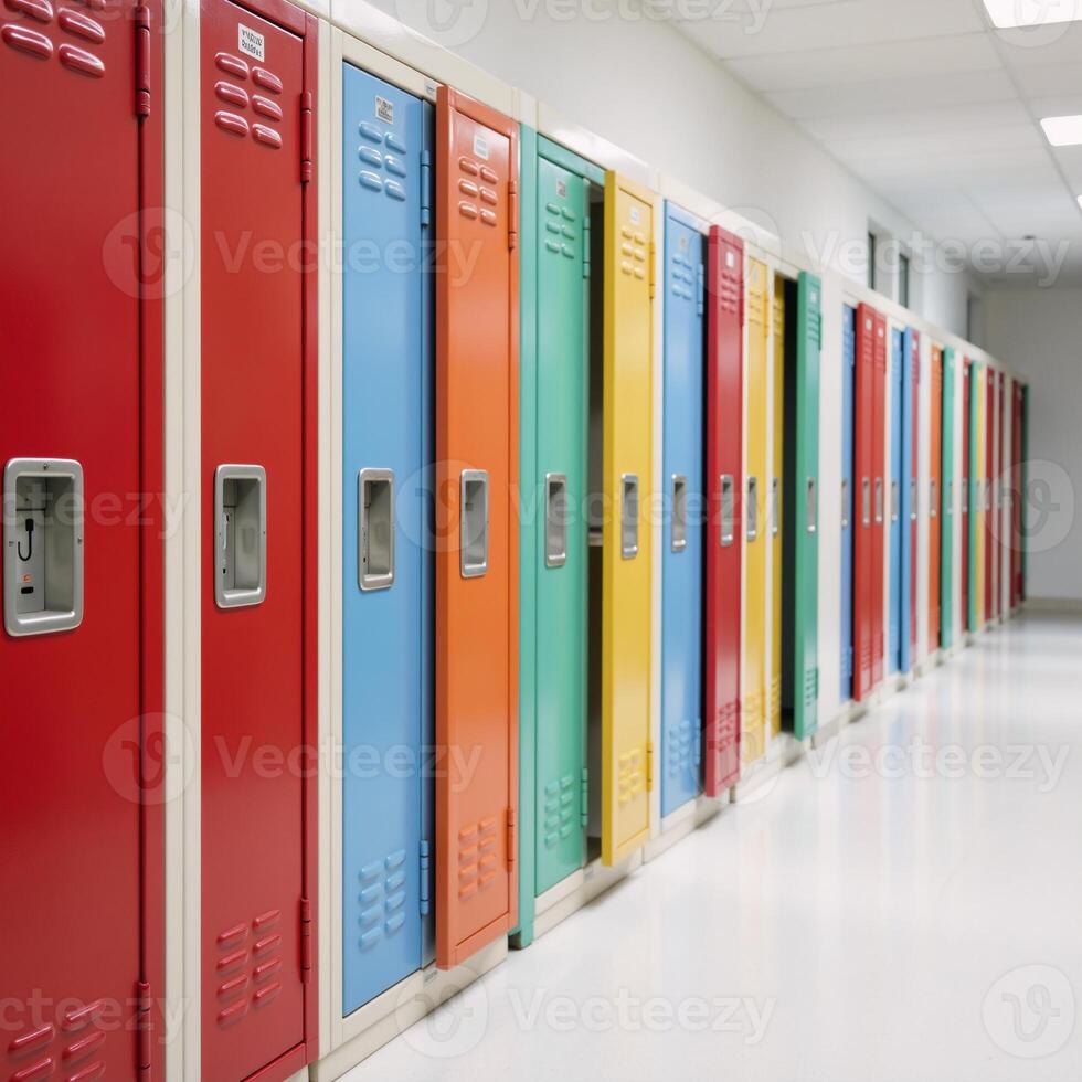 Colorful school lockers lined up in a hallway setting photo