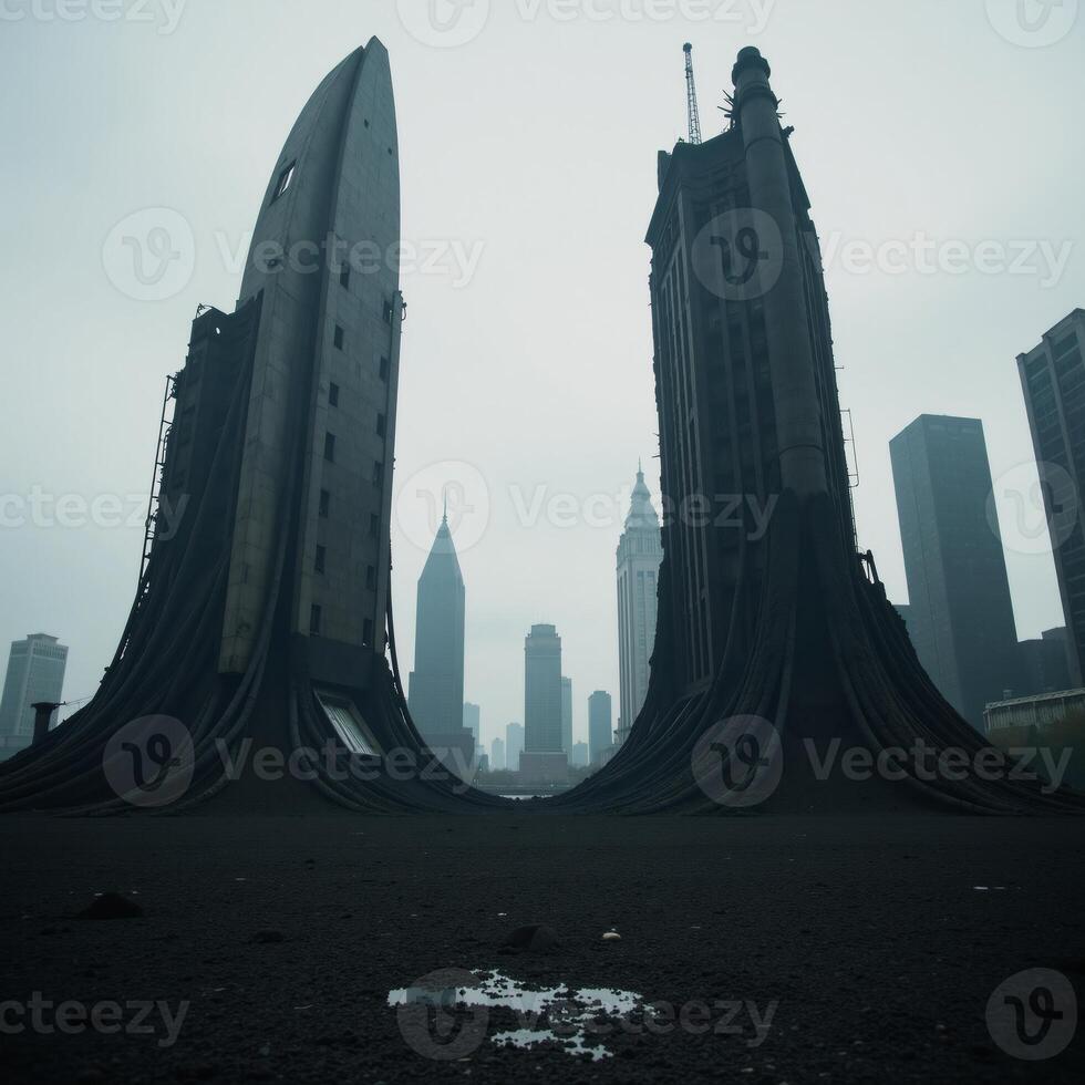 Closeup view of futuristic towers collapsing in an abandoned dark urban skyline emphasizing the double exposure silhouette and signs of abandonment photo