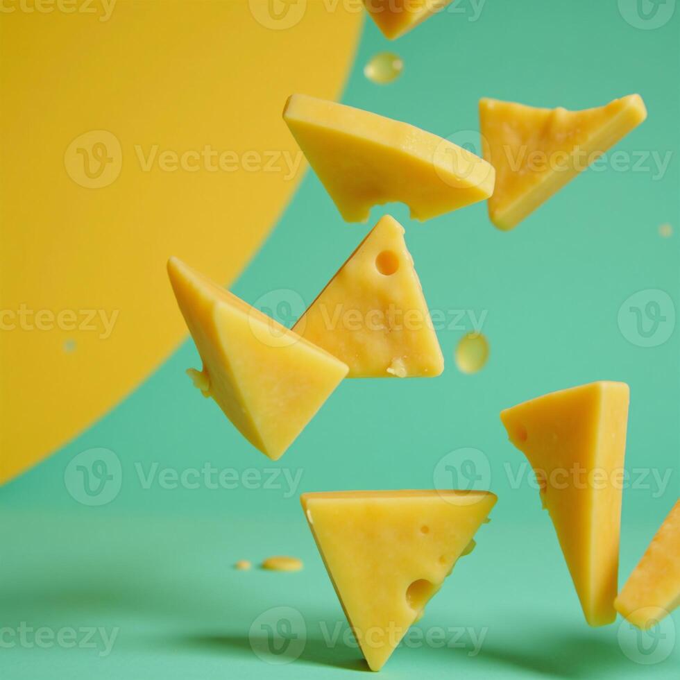 A digital illustration showcases triangles of floating cheese against a bright yellow backdrop photo