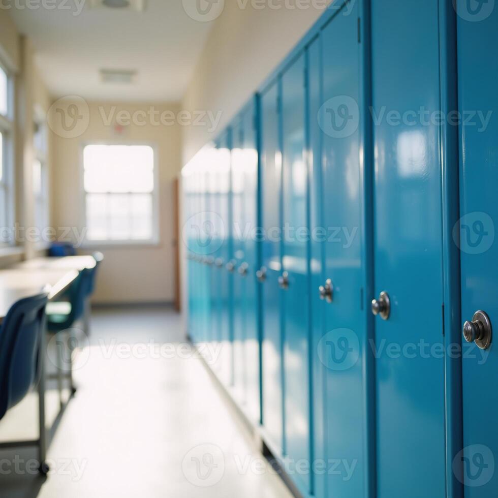 Sunlit school hall with organized blue lockers portraying calmness and organization in an academic setting Clean Serene Style photo