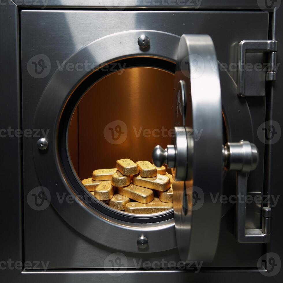 Bank vault cartoon illustration featuring an opened safe with gold ingots photo