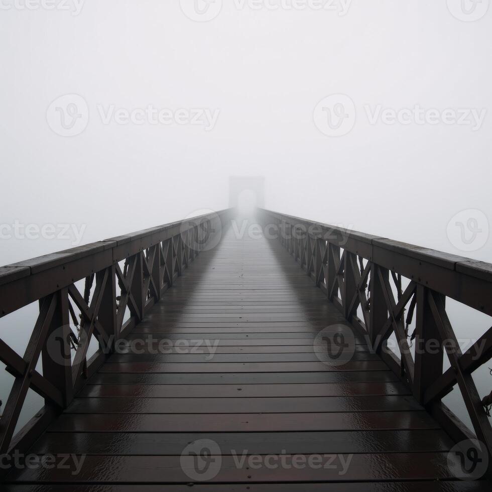 A dimly lit bridge amidst the foggy landscape photo