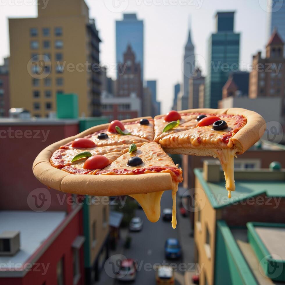 A playful rendering showcases a flying pizza amidst a lively city backdrop photo