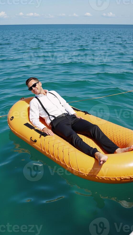 Businessman reclining on safety net raft amidst serene ocean waves evoking themes of corporate tranquility and peace photo