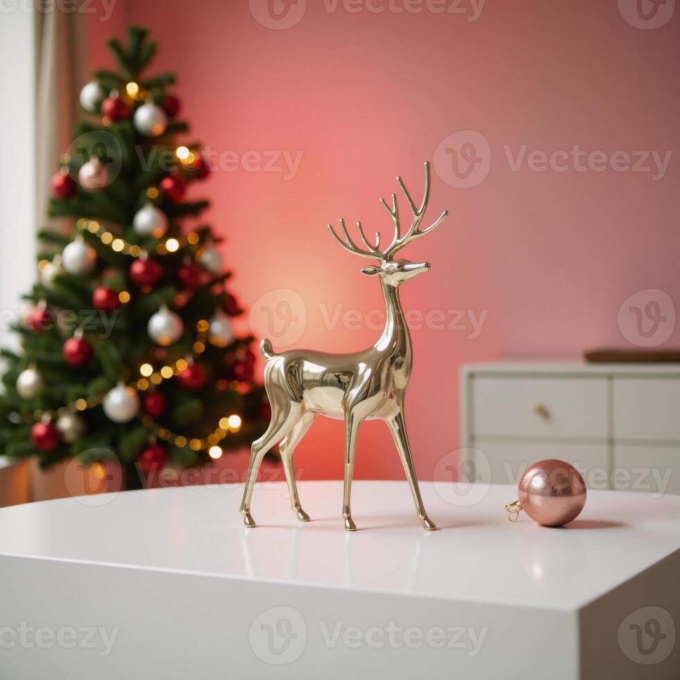 A modern ChristmasNew Year scene features a minimalist reindeer sculpture on a sleek table under warm pinkyellow lighting evoking a chic holiday ambiance photo