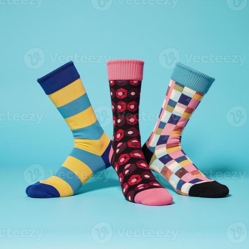 Colorful sock trio displayed against a blue backdrop photo
