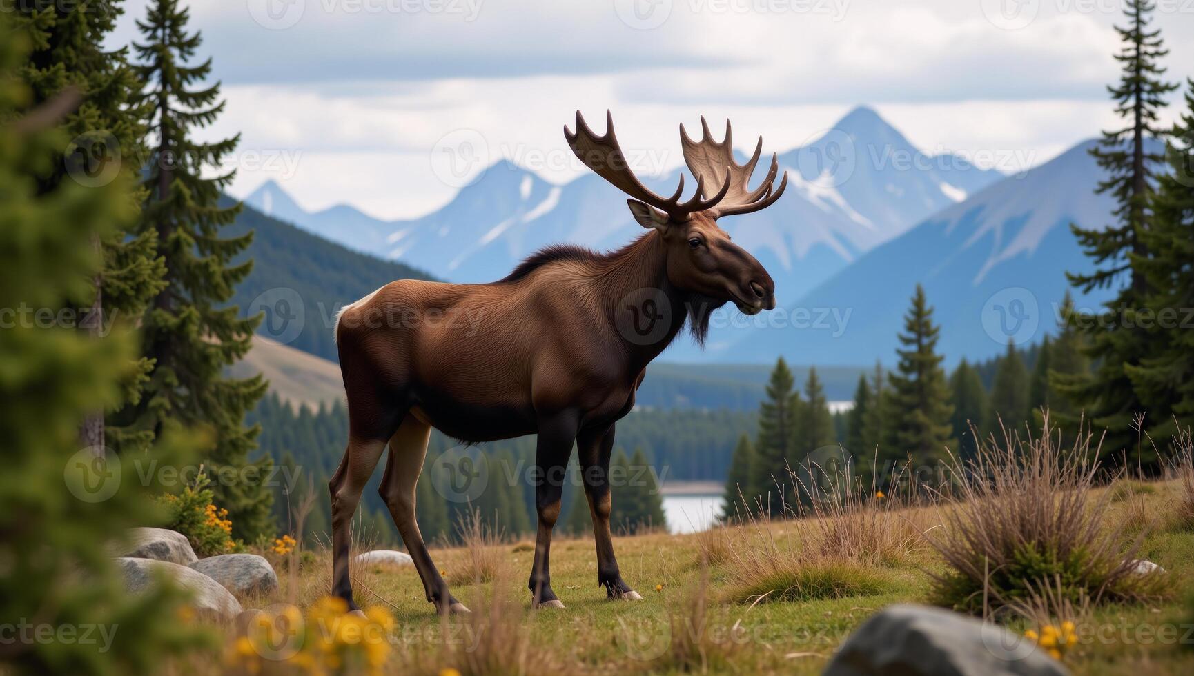 MooseElk portrayed realistically within wilderness landscape photo