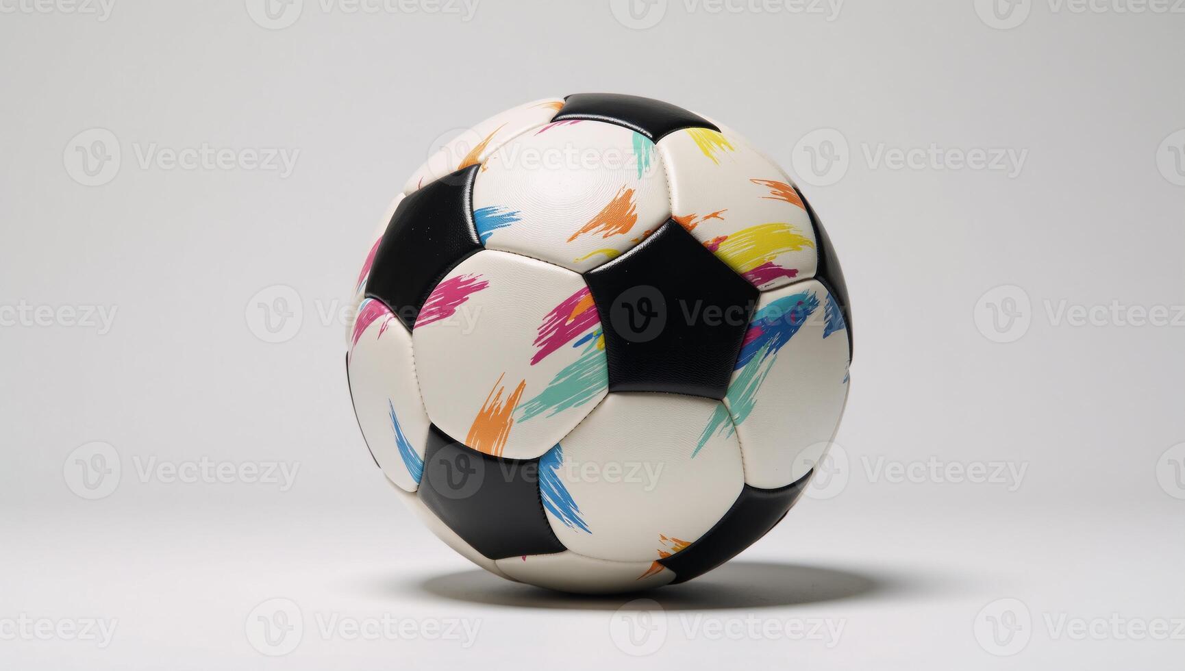 Illustrated soccer ball against vibrant colorful brush strokes on white background photo