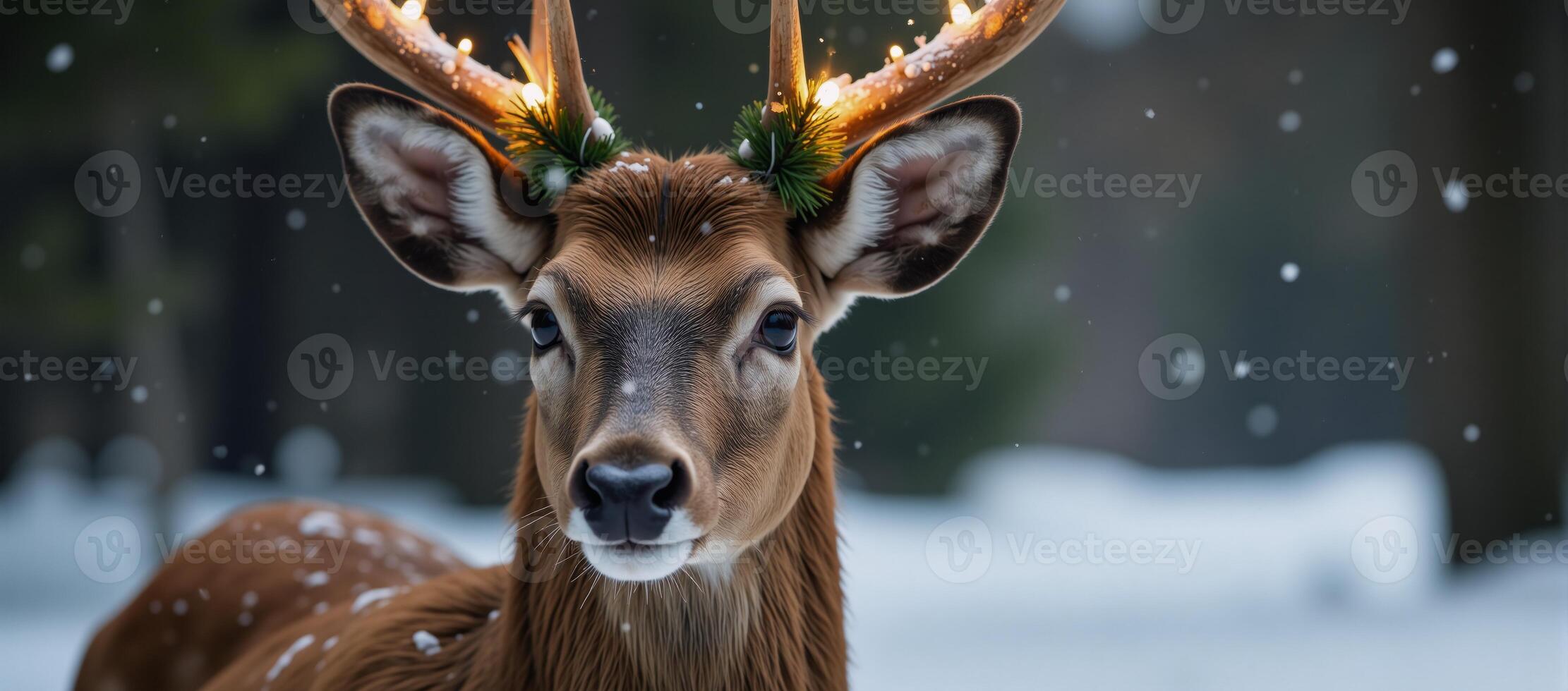 A festive image featuring a cute and playful deer adorned for Christmas photo