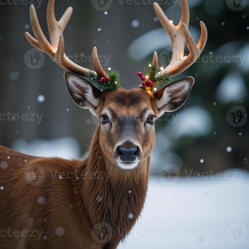 A festive image featuring a cute and playful deer adorned for Christmas photo