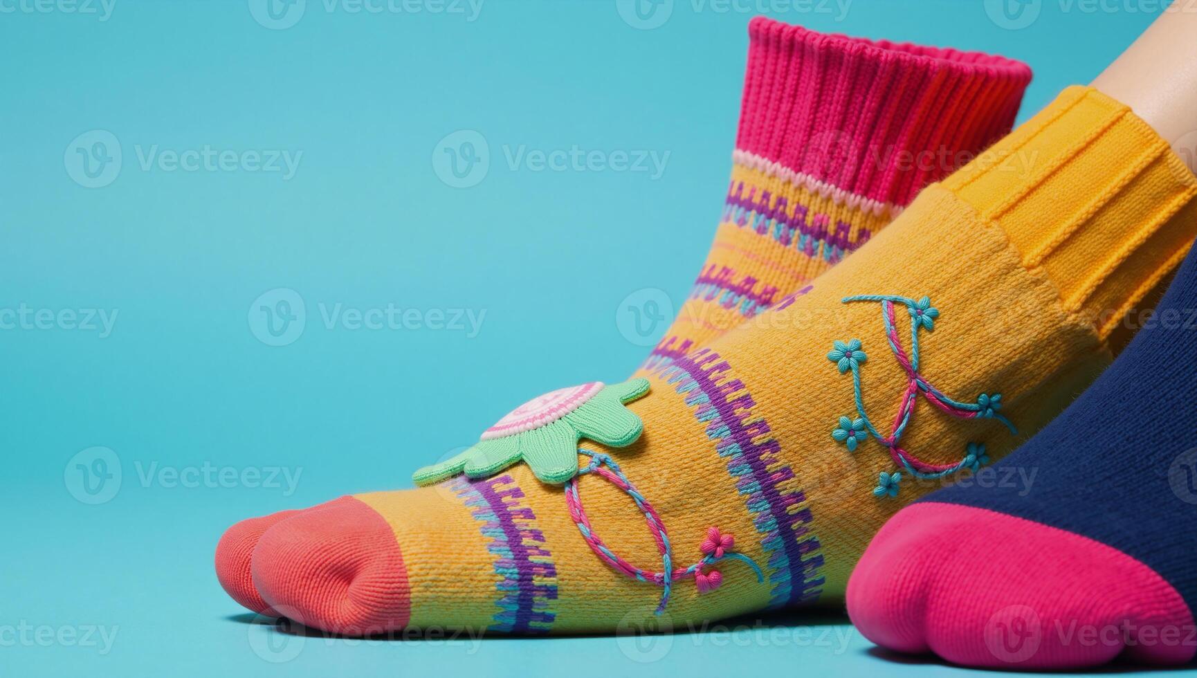 Colorful patterned socks on a blue backdrop whimsical playful photo