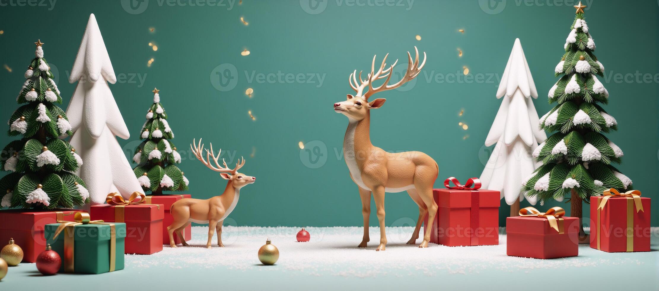 Vibrant Christmasthemed illustration showcasing a festive winter scene with colorful holiday dcor including various sized deer gift boxes snowy trees and golden confetti all celebrating the photo