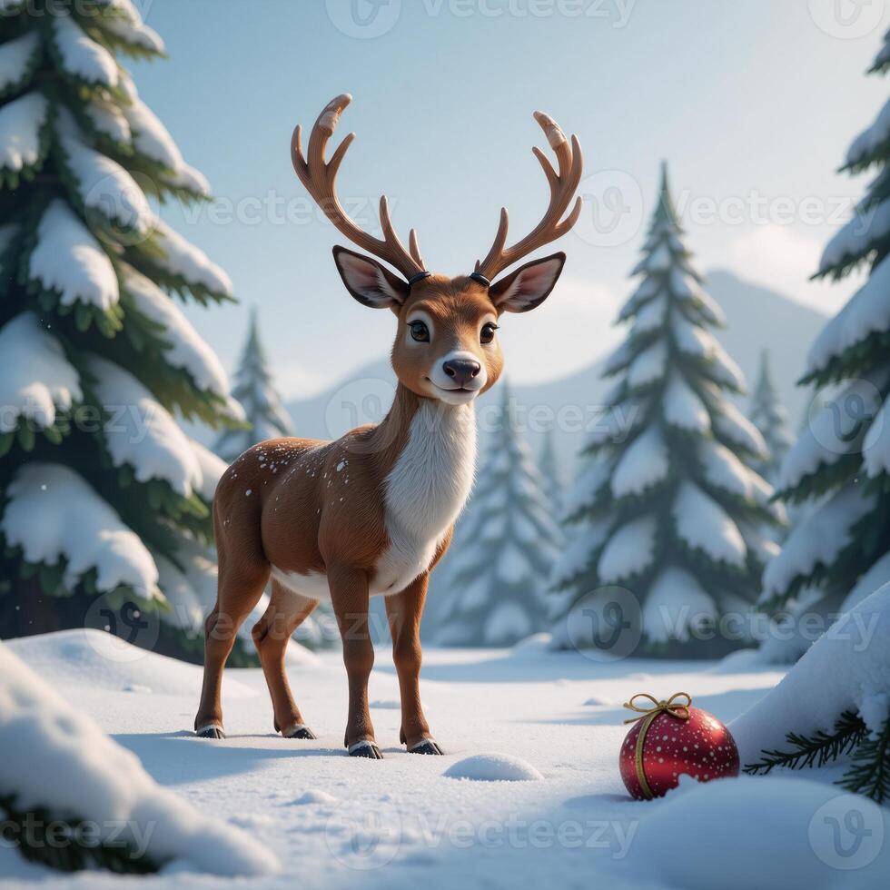 A 3D illustrated Christmas scene showcasing reindeer in a wintry forest photo