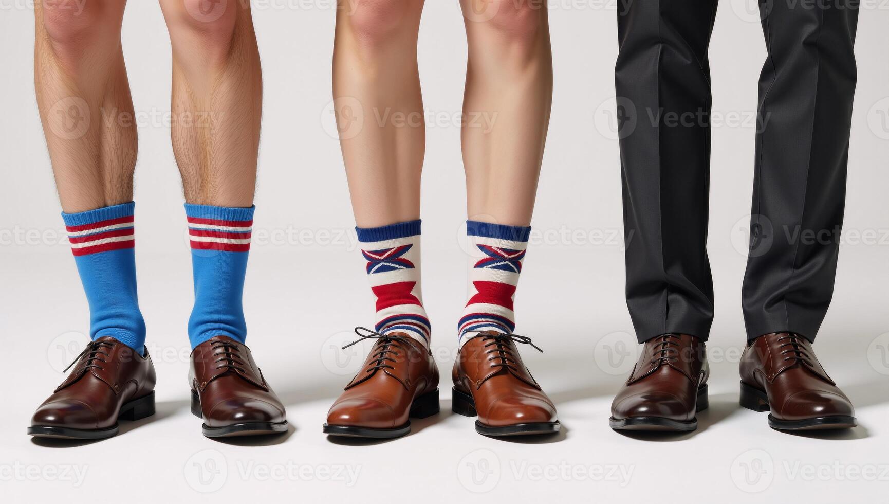 Three individuals don colorful sock pairs with matching brown footwear photo