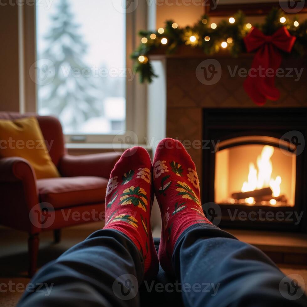 Warm winter setting Fluffy socks by a cozy Christmaslit fireplace next to a sparkling tree photo