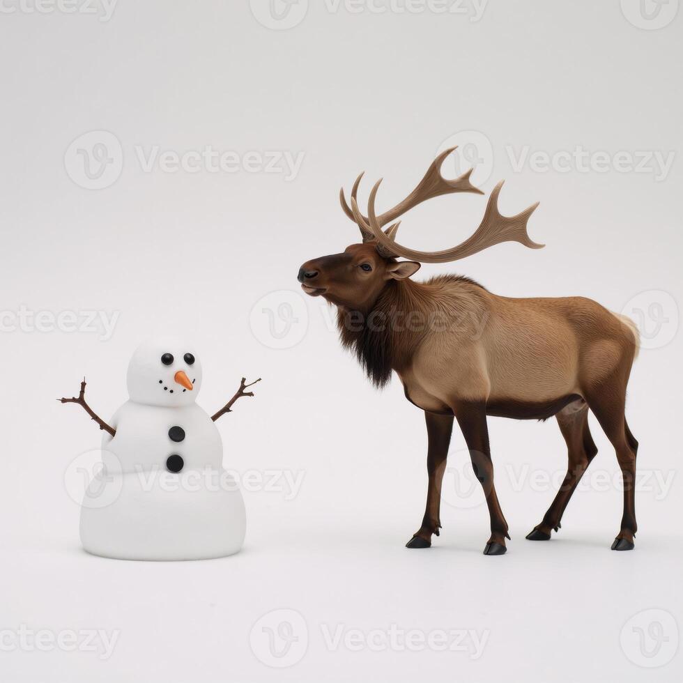 Minimalistic setting highlights Santas majestic elk snowman with carrot nose and coal eyes photo