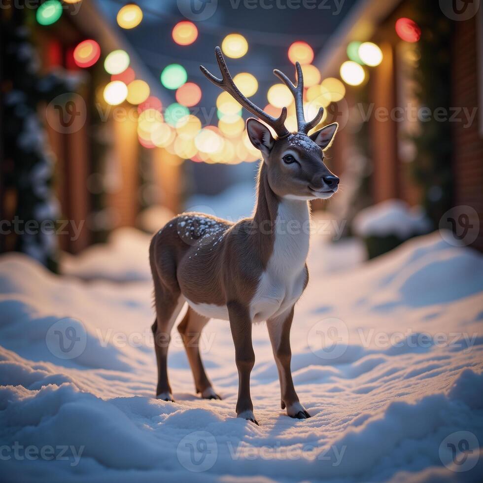 A fairyinspired reindeer amidst twinkling Christmas lights in a winter wonderland scene photo