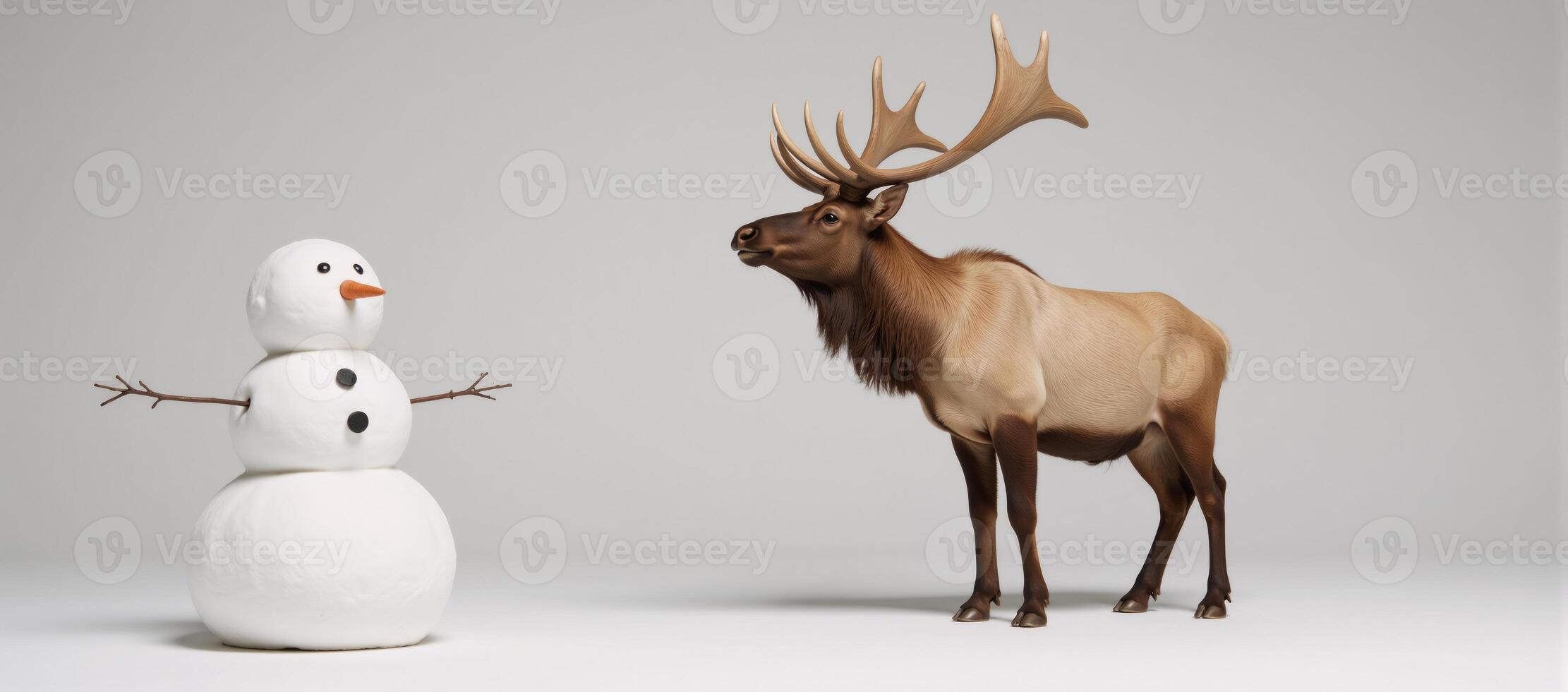 Minimalistic setting highlights Santas majestic elk snowman with carrot nose and coal eyes photo