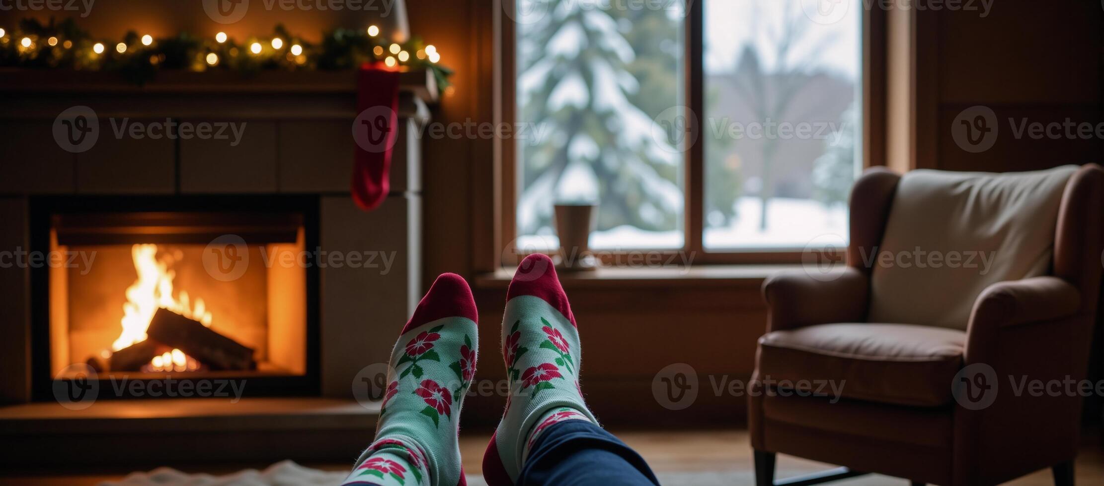 Warm winter setting Fluffy socks by a cozy Christmaslit fireplace next to a sparkling tree photo