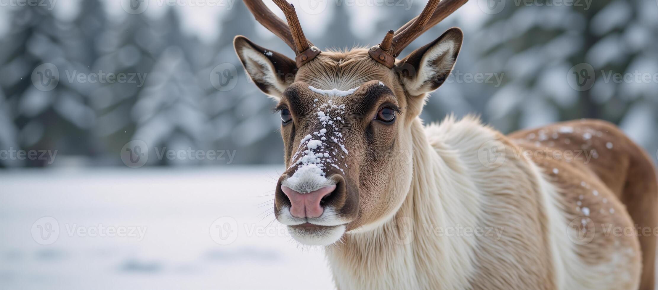 A Reindeer with Red Nose Frolicking in Snowy Landscape photo