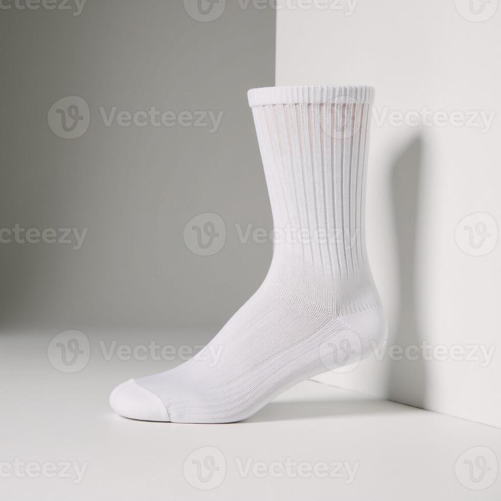 White double socks displayed against a backdrop photo