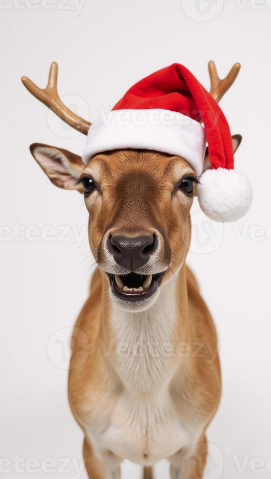 A humorous reindeer donning Santa hat captured against a vibrant colored backdrop for a fun studio setting photo