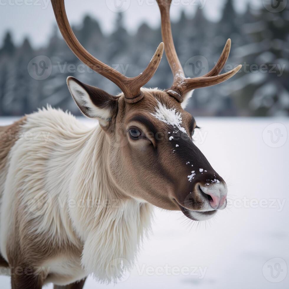 A Reindeer with Red Nose Frolicking in Snowy Landscape photo