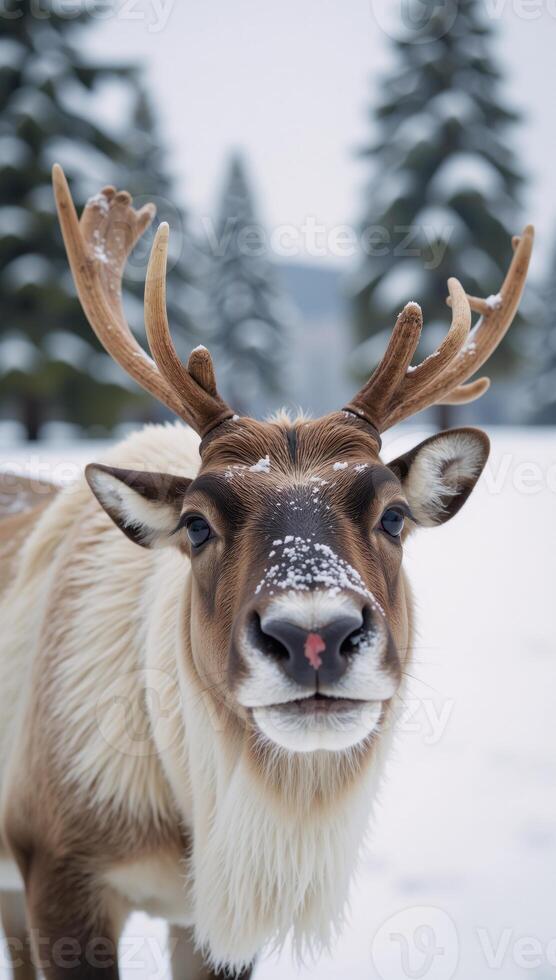 A Reindeer with Red Nose Frolicking in Snowy Landscape photo