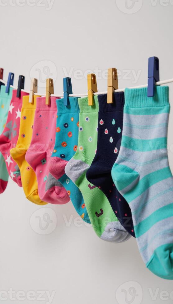 Colorful socks adorned with intricate designs hanging to dry on a line photo