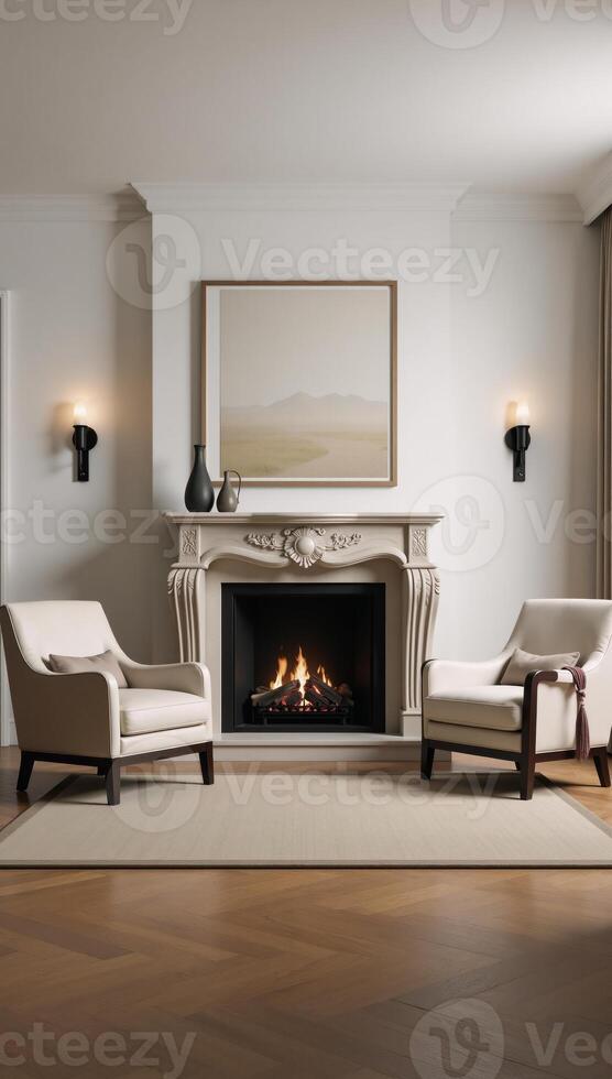 A stylish luminous 3Drendered living room scene showcases a cozy setting featuring a fireplace two armchairs and an image on the wall photo