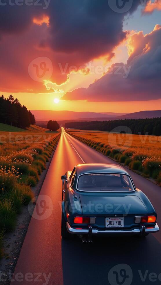 A stylish 1980sinspired digital rendering portr anderen siendo conespecifica cars driving away into the radiant brilliance of a summertime sunset photo